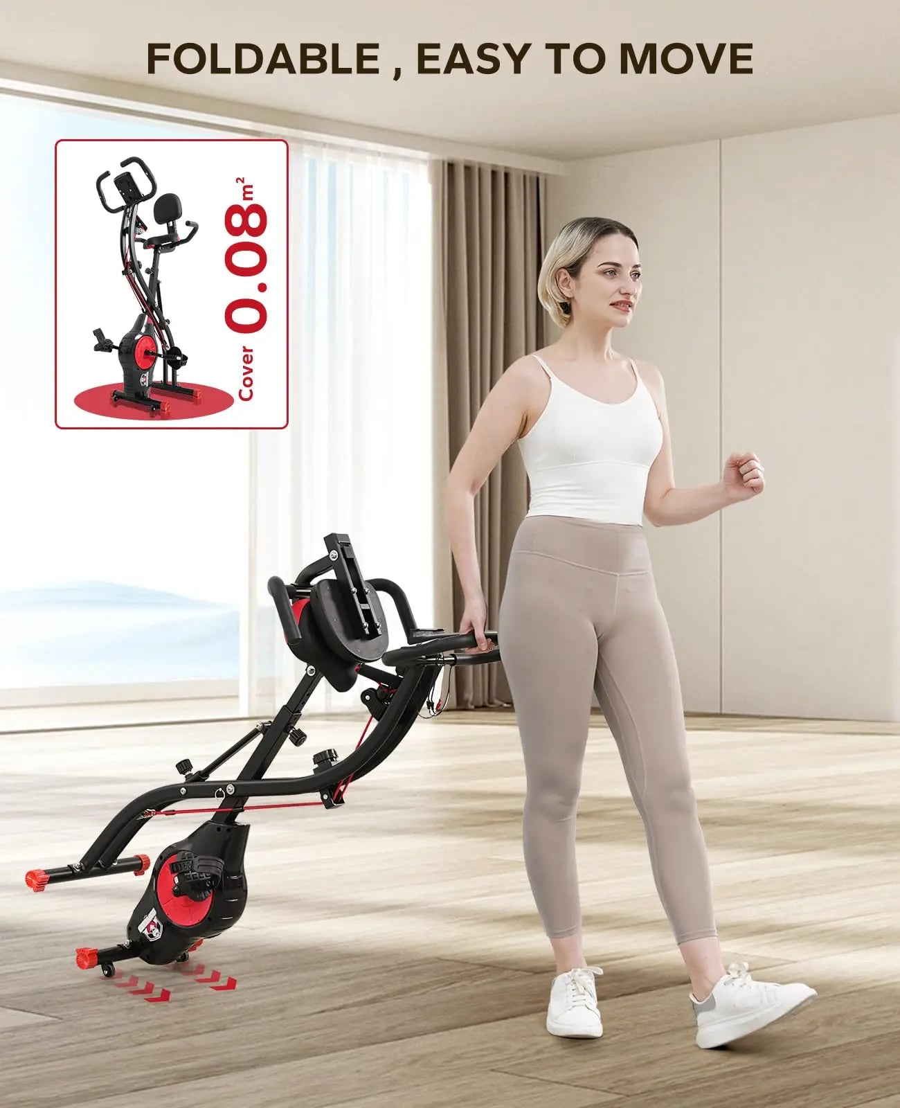 HAPBEAR Folding Exercise Bike Magnetic Foldable Stationary Bike, 3 in 1 Mode Indoor Upright Fitness Workout X-Bike with 8-Level Resistance and Arm Resistance Band, Pulse Sensor,LCD Monitor The Champ Gear