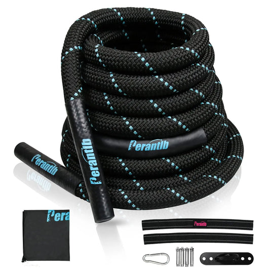 Perantlb 100% Poly Dacron Heavy Battle Rope - 1.5"/2" Diameter, 30' 40' 50' Lengths - Upgraded Durable Protective Sleeve - Gym Muscle Workout Fitness Power Rope- Anchor Strap Kit Included The Champ Gear
