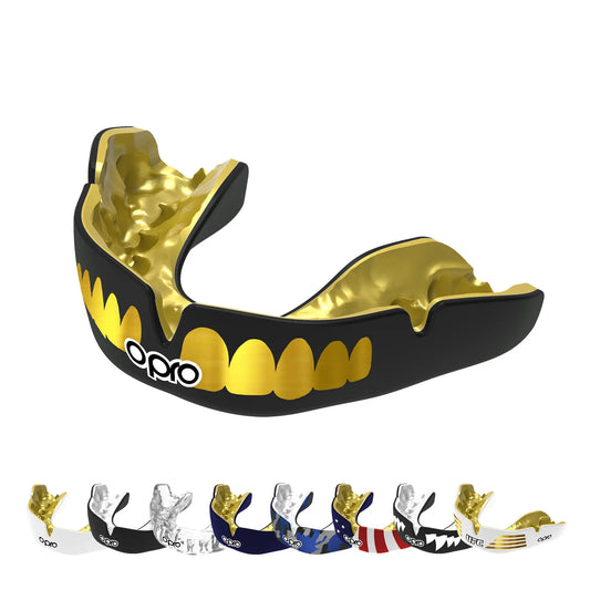 OPRO Instant Custom-Fit Sports Mouth Guard, Revolutionary Fitting Technology for Ultimate Comfort, Protection & Fit, Gum Shield, Dentist Mouthguard for Rugby, Boxing, Hockey, MMA (Gold Teeth, Adult) The Champ Gear
