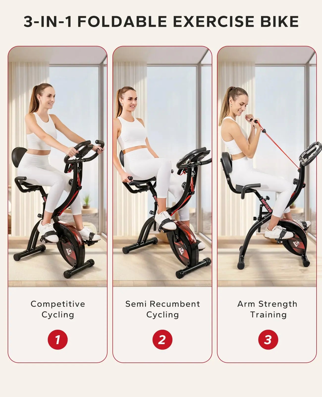 HAPBEAR Folding Exercise Bike Magnetic Foldable Stationary Bike, 3 in 1 Mode Indoor Upright Fitness Workout X-Bike with 8-Level Resistance and Arm Resistance Band, Pulse Sensor,LCD Monitor The Champ Gear
