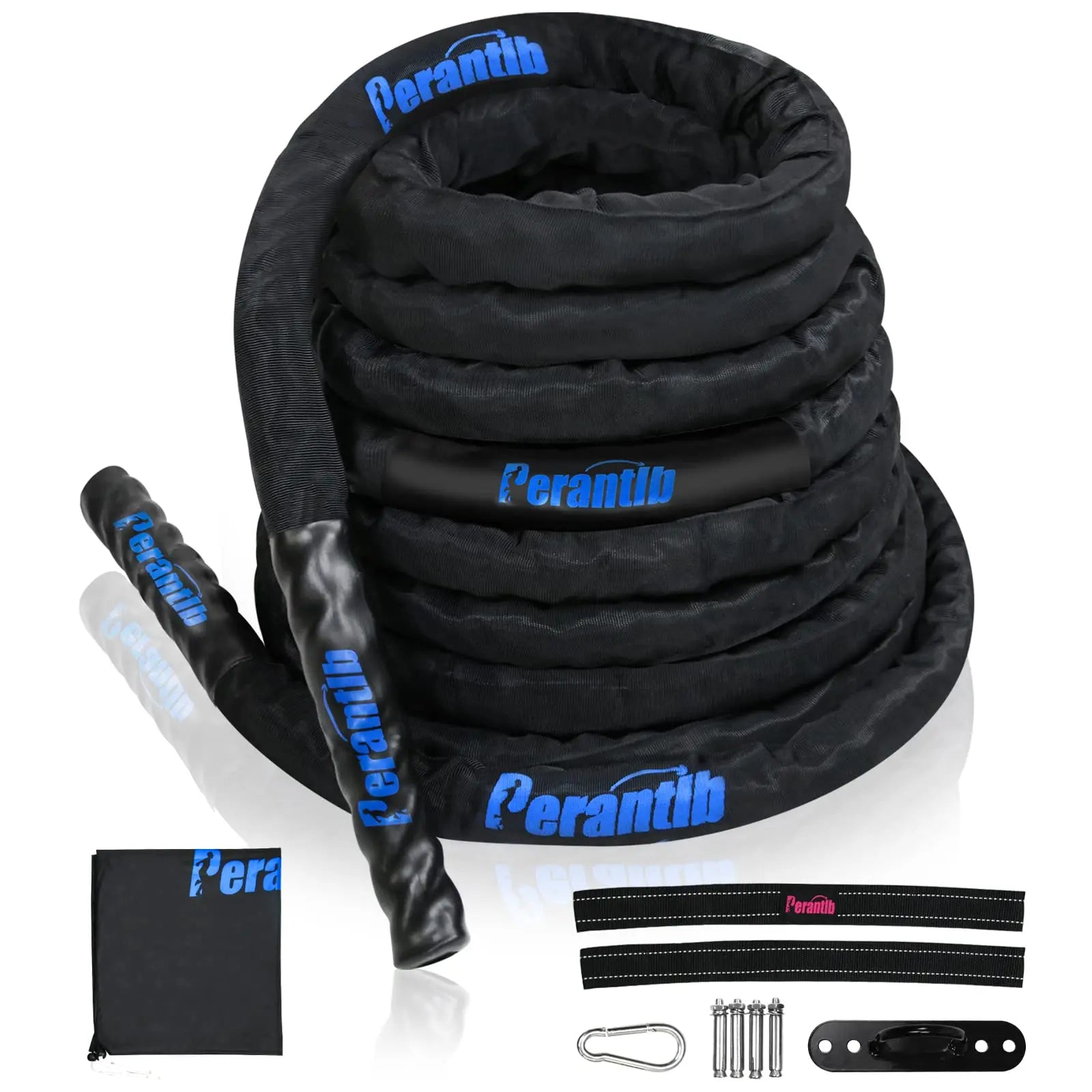 Perantlb 100% Poly Dacron Heavy Battle Rope - 1.5"/2" Diameter, 30' 40' 50' Lengths - Upgraded Durable Protective Sleeve - Gym Muscle Workout Fitness Power Rope- Anchor Strap Kit Included The Champ Gear