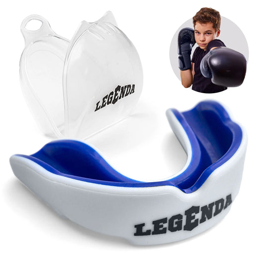Legenda Sports Mouthguard for Kids (w/Case), Professional Mouthguard for Boxing, MMA, Karate, Football, BJJ, Martial Arts, Rugby, Lacrosse, Hockey (White/Blue) The Champ Gear