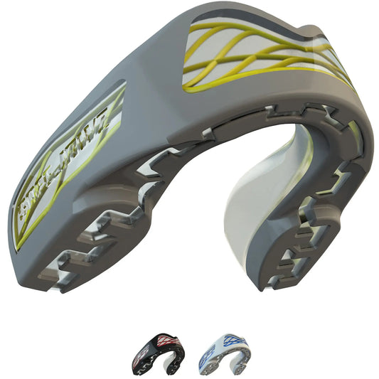 SafeJawz Sports Mouthguard Triple Layer, Premium Shock-Cage Adults Mouth Guard with Case for Boxing, Basketball, Lacrosse, Football, Martial Arts, Hockey and All Contact Sports (Adult 12+ Years, Gray) The Champ Gear