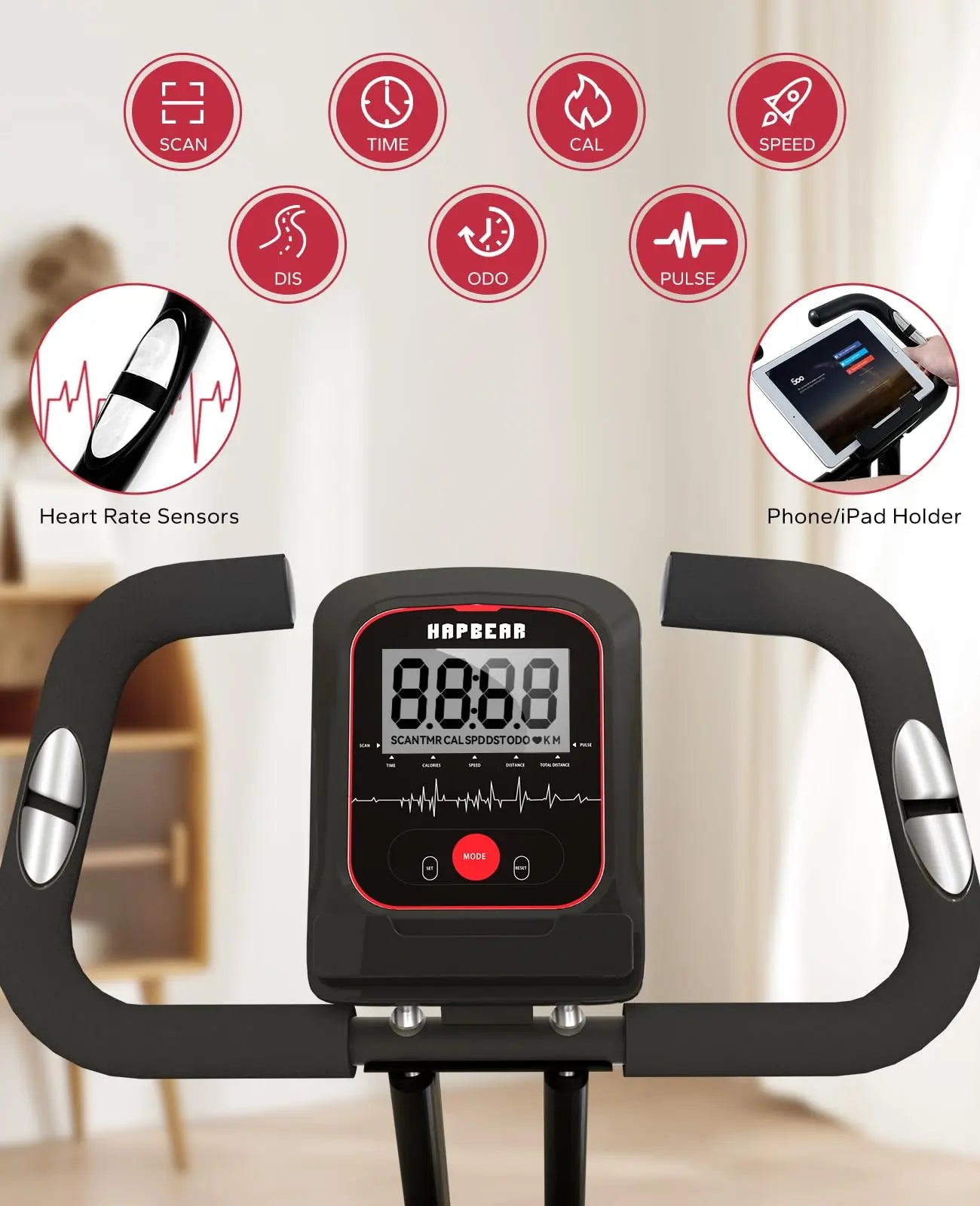HAPBEAR Folding Exercise Bike Magnetic Foldable Stationary Bike, 3 in 1 Mode Indoor Upright Fitness Workout X-Bike with 8-Level Resistance and Arm Resistance Band, Pulse Sensor,LCD Monitor The Champ Gear