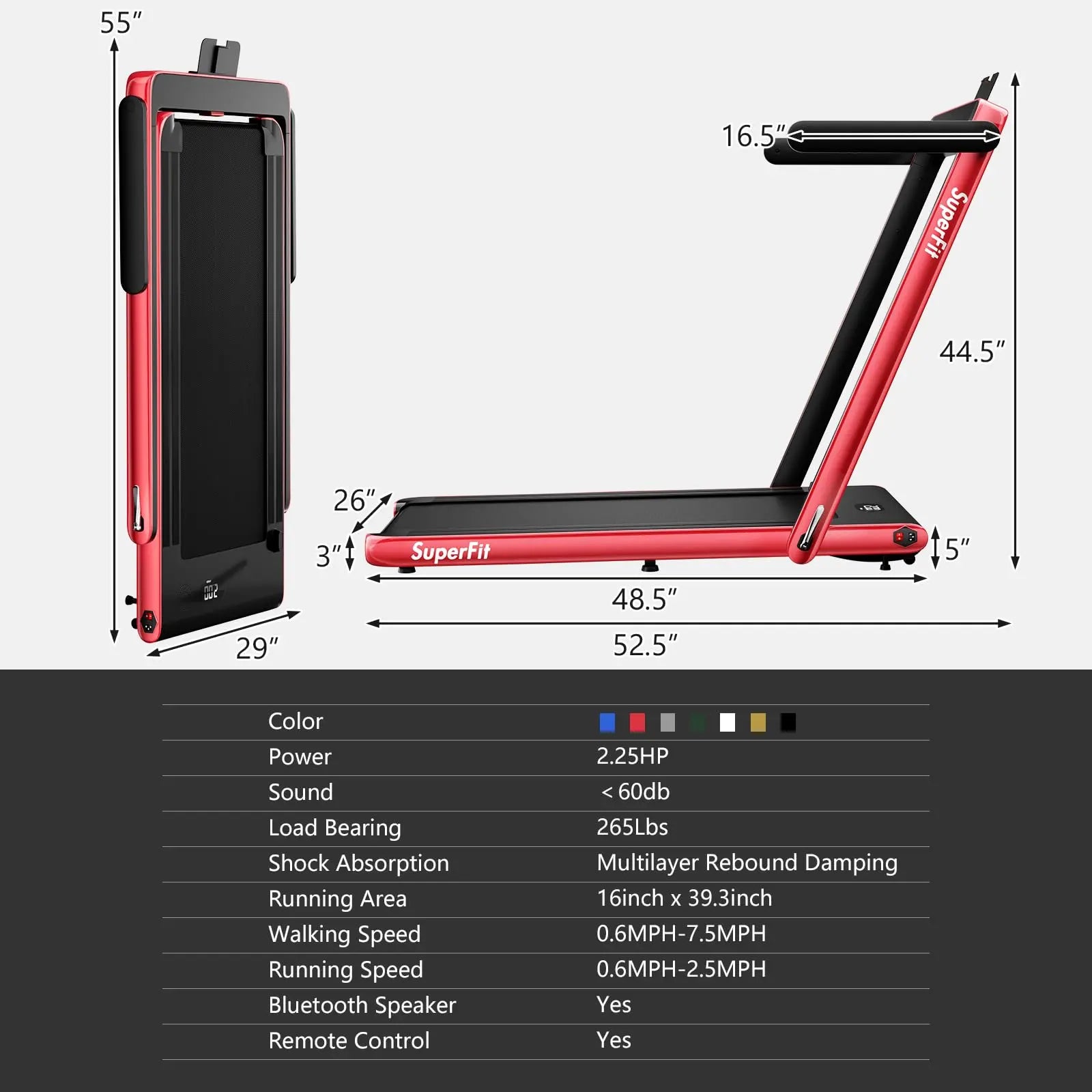 Goplus 2 in 1 Folding Treadmill, 2.25HP Under Desk Electric Treadmill, Installation-Free with Bluetooth Speaker, Remote Control and LED Display, Walking Jogging for Home Office Use The Champ Gear