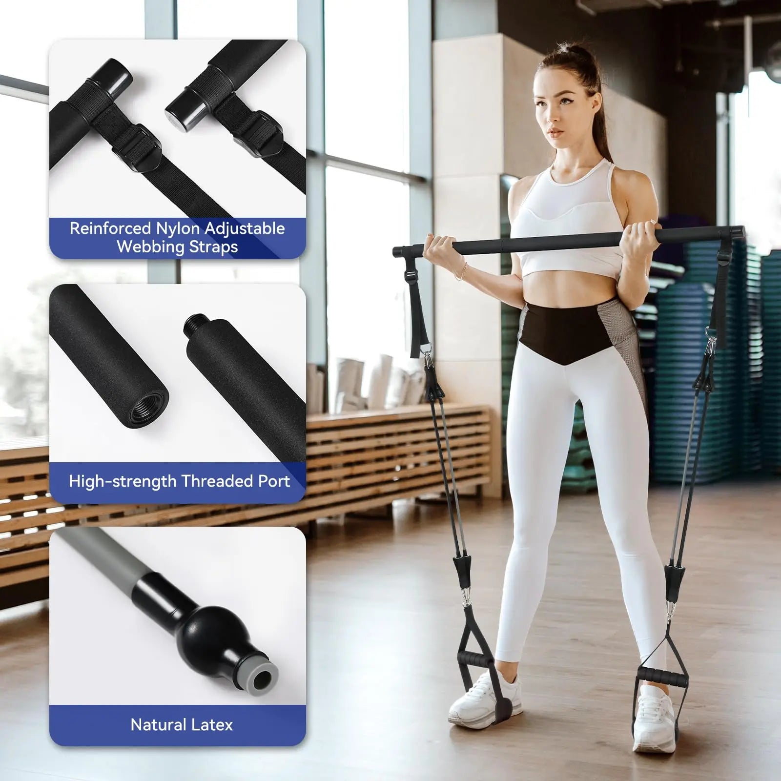 Upgraded Pilates Bar Kit with Resistance Bands Natural Latex for Women & Men, Heavy-Duty Stainless Steel Multifunctional Yoga Pilates Stick for Home Gym Exercise Fitness Equipment Full-Body Workouts The Champ Gear