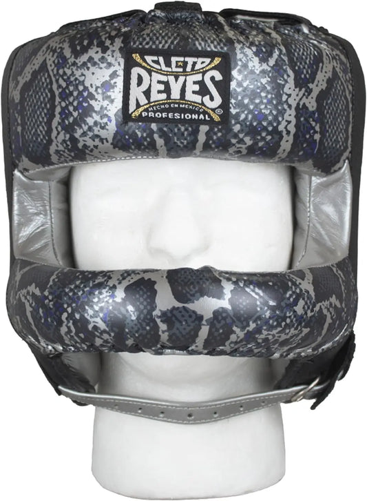 CLETO REYES Boxing Headgear with Face Bar for Men and Women, Protective Head Guard Face Saver, Sparring Fighting Sports, Kickboxing, MMA, Muay Thai, Silver/Black Steel Snake The Champ Gear