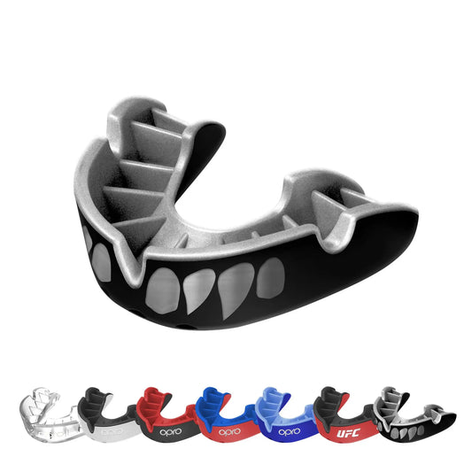 OPRO Silver Level Jawz Adult and Youth Sports Mouthguard With Case, Gum Shield Featuring Revolutionary Fitting Technology for Hockey, Rugby, Boxing MMA, BJJ, Karate, Judo, UFC (Black/Silver, Adult) The Champ Gear