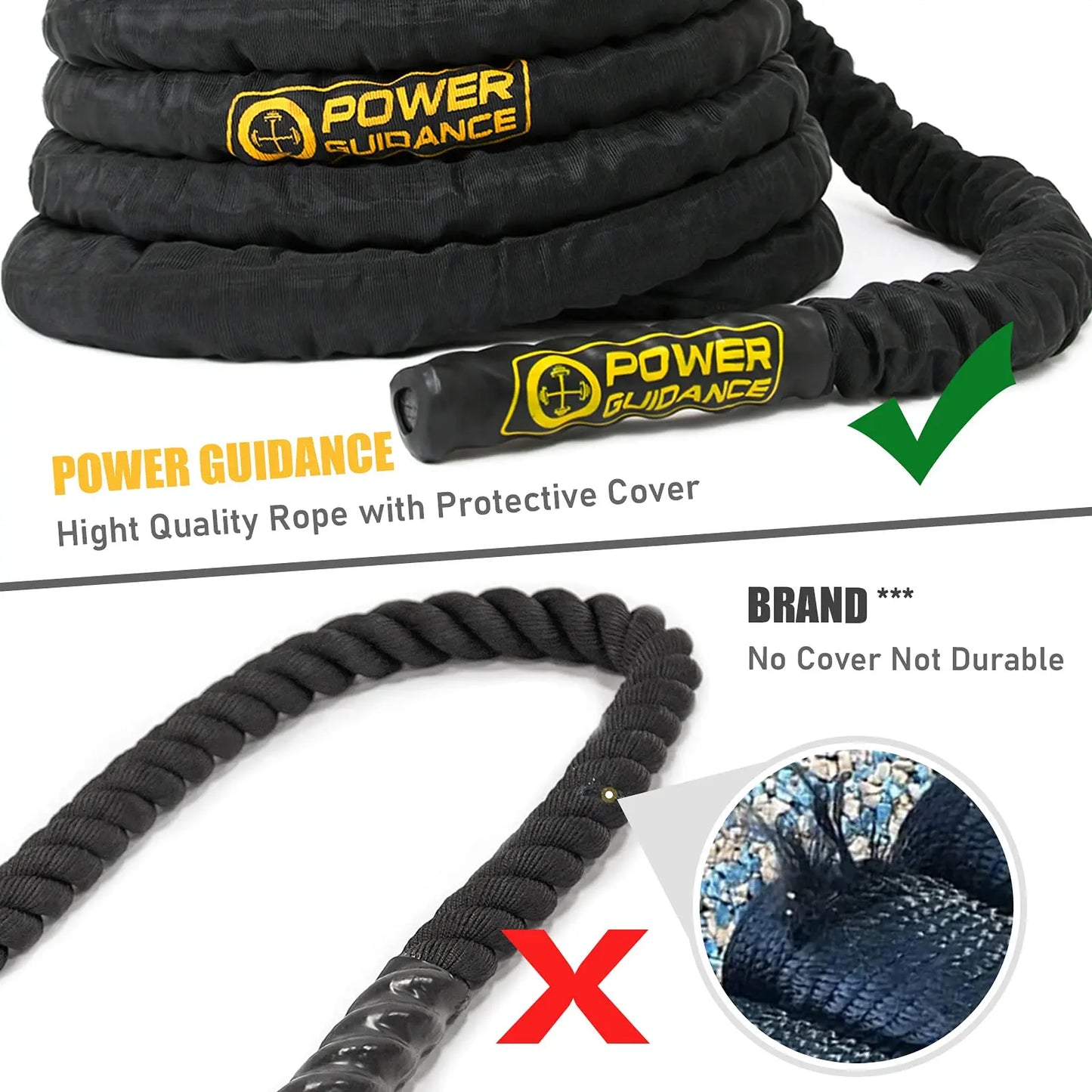 POWER GUIDANCE Battle Rope - 3.8cm Width Poly Dacron 9m Length Exercise Undulation Ropes - GYM Muscle Toning Metabolic Workout Fitness Exercise（1.5'' 30FT Length） The Champ Gear