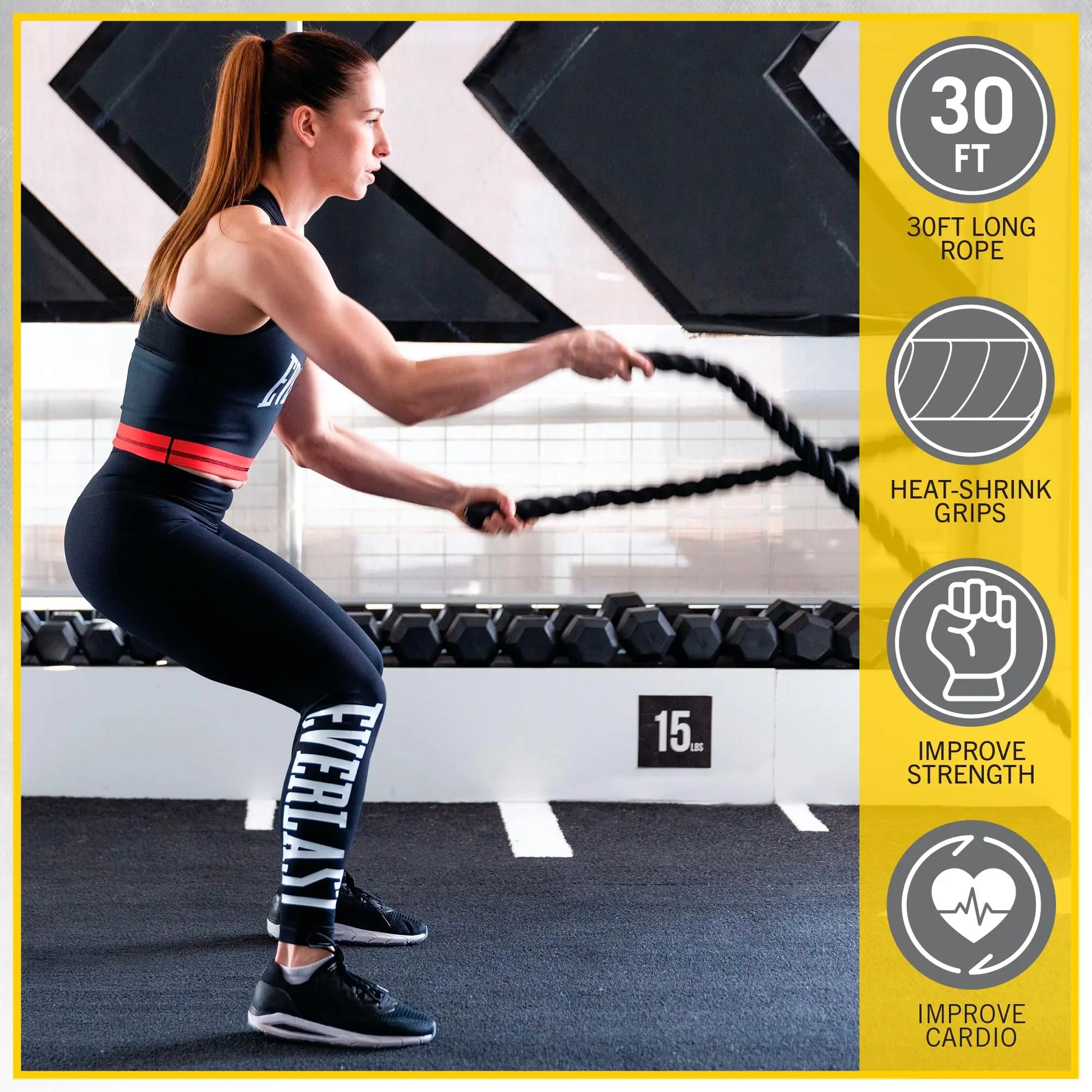 Everlast FIT 30-Foot Battle Rope - Durable Poly Dacron, Heat Shrink Grips, Wall Mount Included, Install in Home Gym - Gym Rope Ideal for Strength & Conditioning, Cardio Workout Equipment, Crossfit The Champ Gear