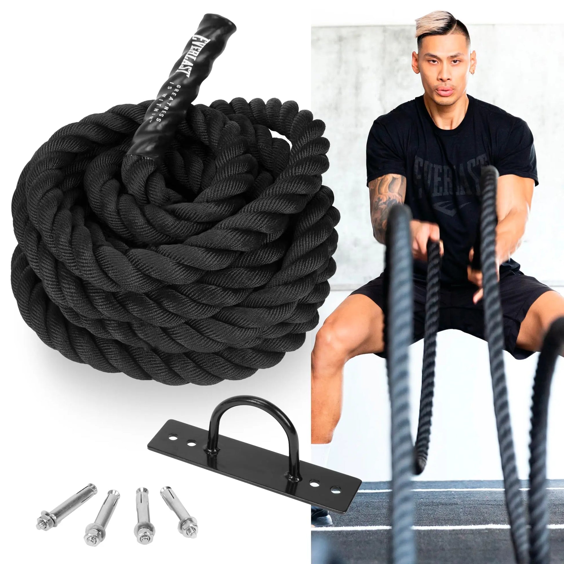 Everlast FIT 30-Foot Battle Rope - Durable Poly Dacron, Heat Shrink Grips, Wall Mount Included, Install in Home Gym - Gym Rope Ideal for Strength & Conditioning, Cardio Workout Equipment, Crossfit The Champ Gear