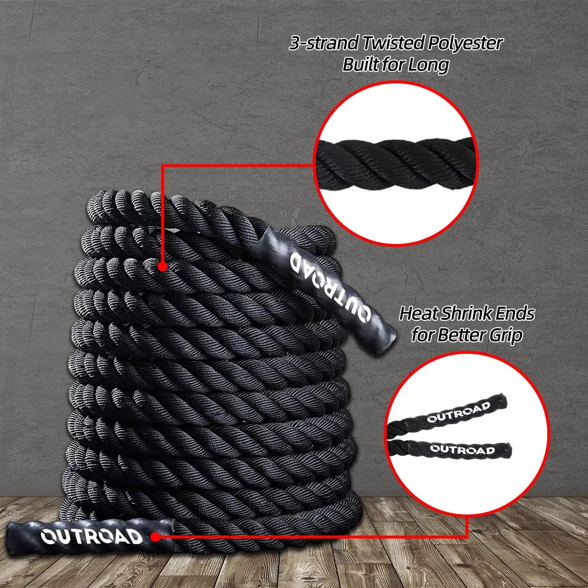 Outroad Battle Rope, 1.5" Diameter 30ft Poly Dacron Workout Exercise Training Heavy Rope, Workout Equipment for Crossfit Training Home Gym & Fitness Exercises, Black and Pattern The Champ Gear
