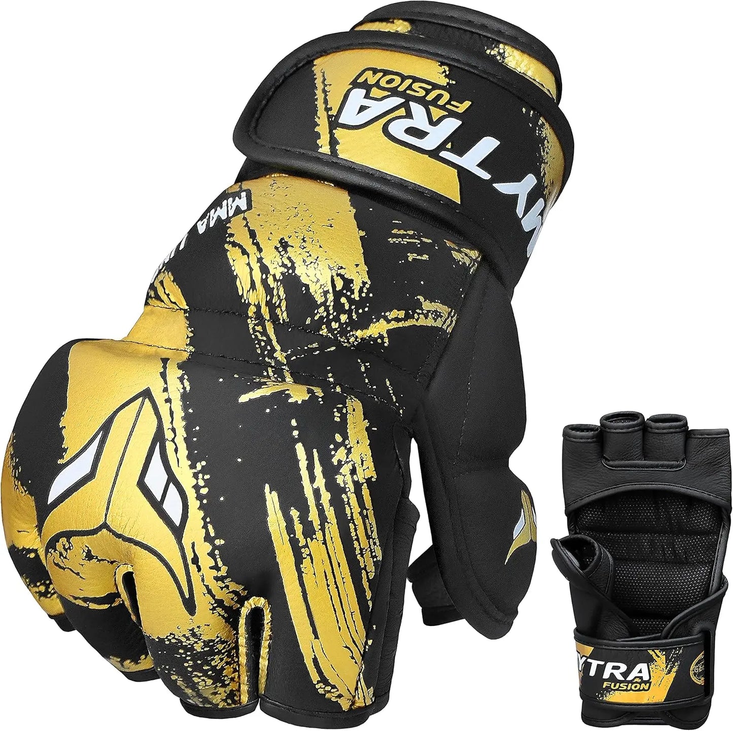 Mytra Fusion MMA Gloves – Grappling Pre-Curved Gloves Real Leather Sparring Gloves for Cage Fighting, Punching, Training, Kickboxing, Muay Thai and Martial Arts (Black/Gold, S) The Champ Gear
