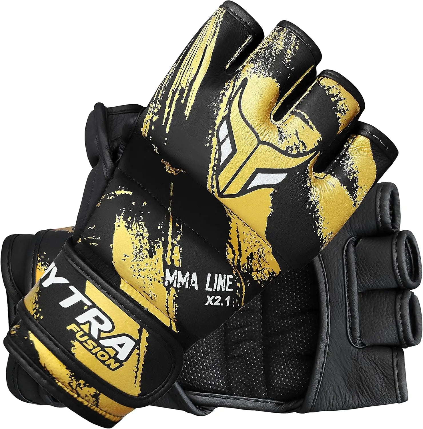 Mytra Fusion MMA Gloves – Grappling Pre-Curved Gloves Real Leather Sparring Gloves for Cage Fighting, Punching, Training, Kickboxing, Muay Thai and Martial Arts (Black/Gold, S) The Champ Gear