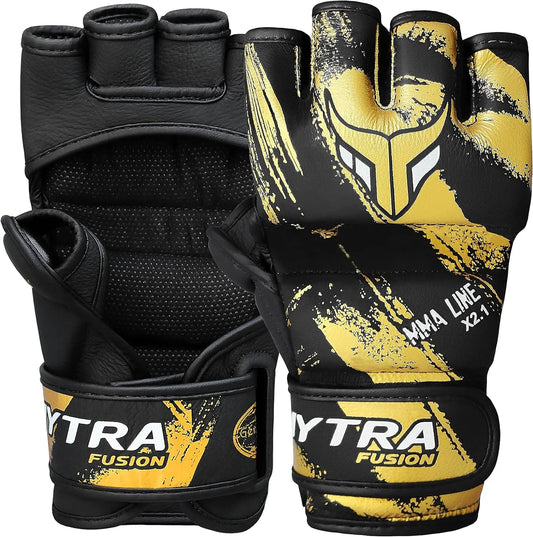 Mytra Fusion MMA Gloves – Grappling Pre-Curved Gloves Real Leather Sparring Gloves for Cage Fighting, Punching, Training, Kickboxing, Muay Thai and Martial Arts (Black/Gold, S) The Champ Gear