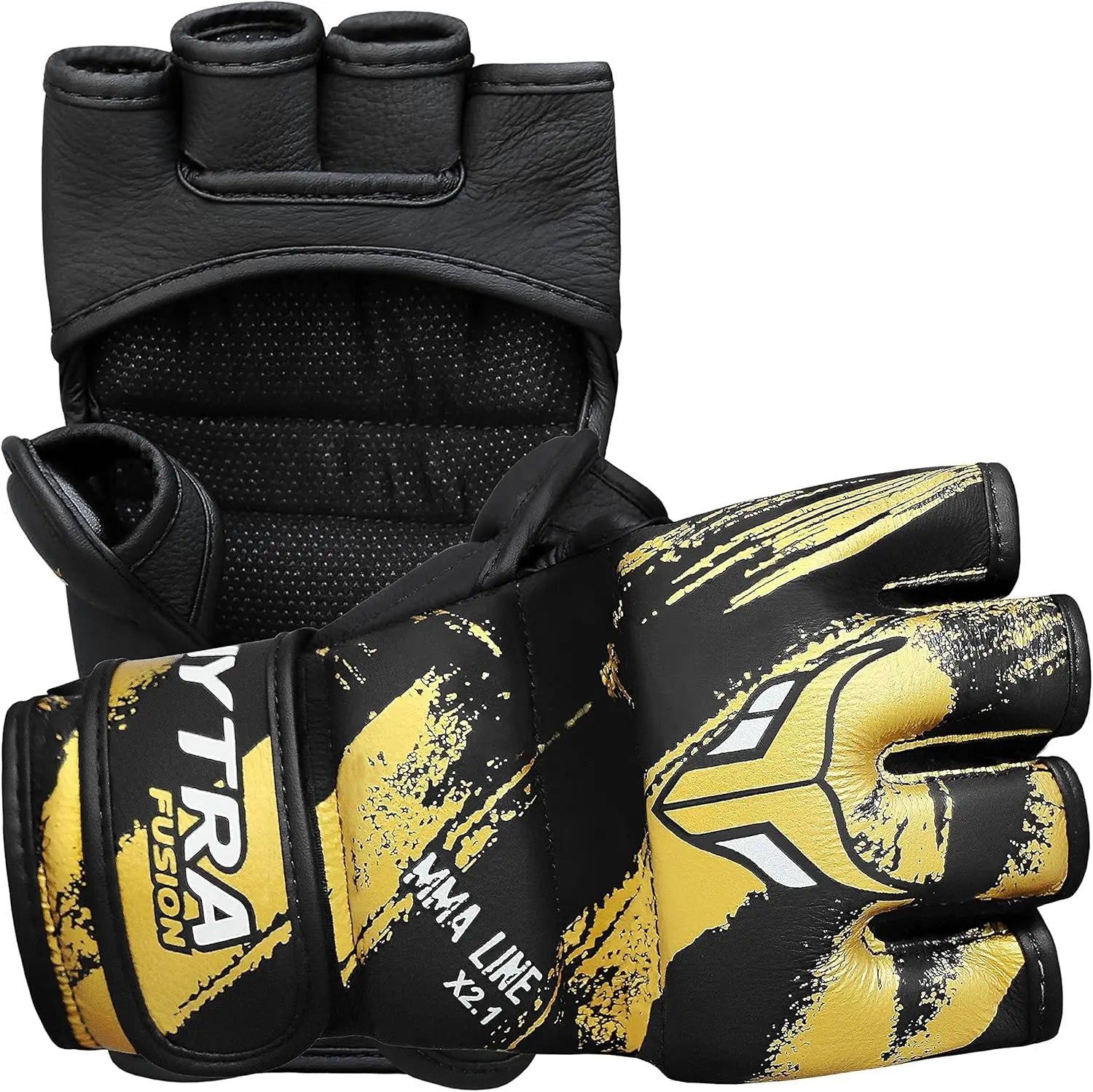 Mytra Fusion MMA Gloves – Grappling Pre-Curved Gloves Real Leather Sparring Gloves for Cage Fighting, Punching, Training, Kickboxing, Muay Thai and Martial Arts (Black/Gold, S) The Champ Gear